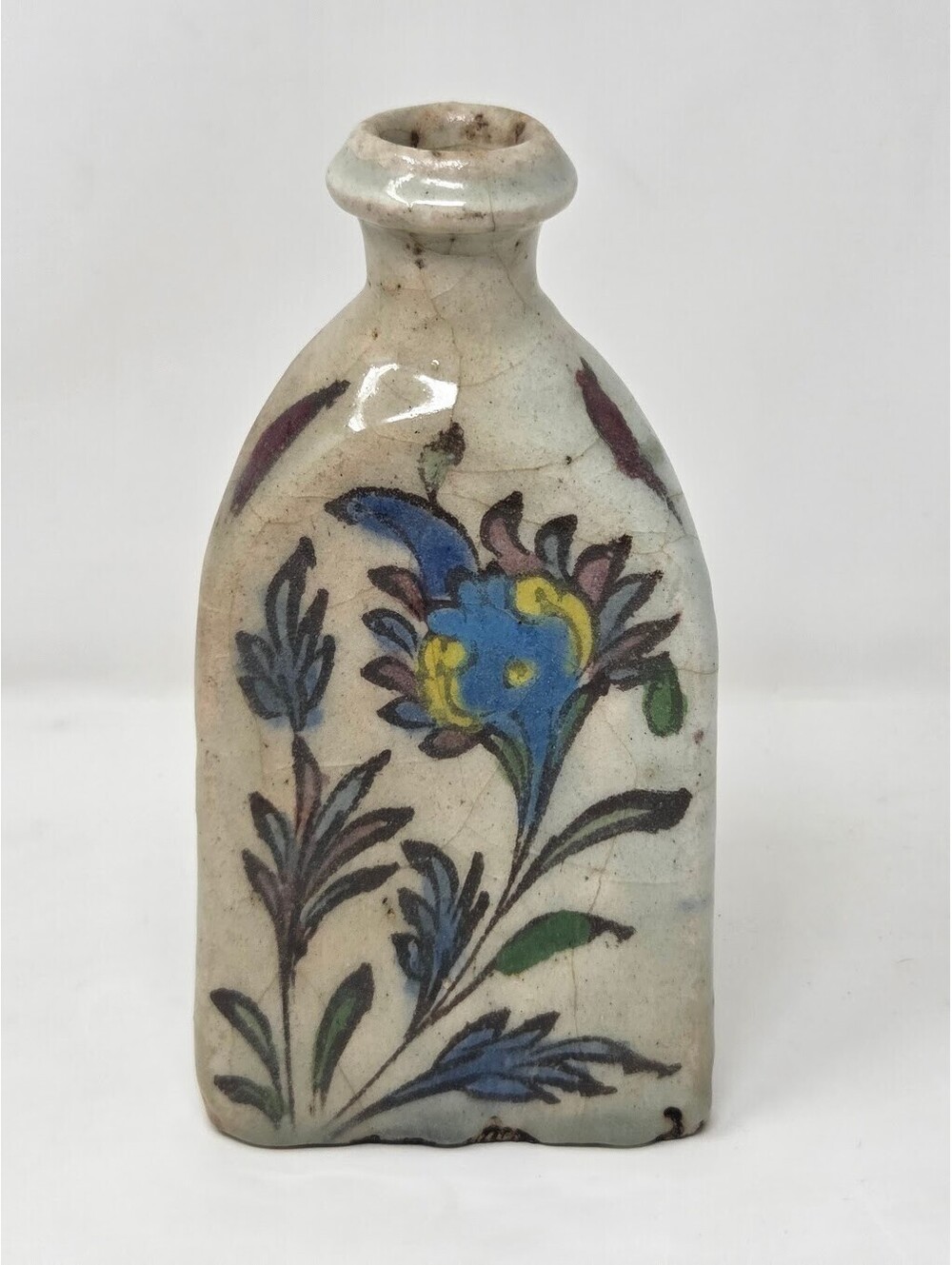 19th Century Persian Hand Painted Pottery Floral Cabinet Bottle Vase